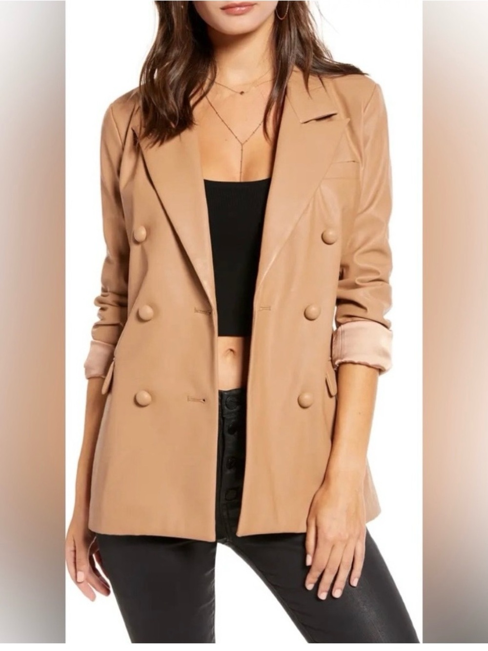 Blank NYC Double-Breasted Faux-Leather Blazer in Tan